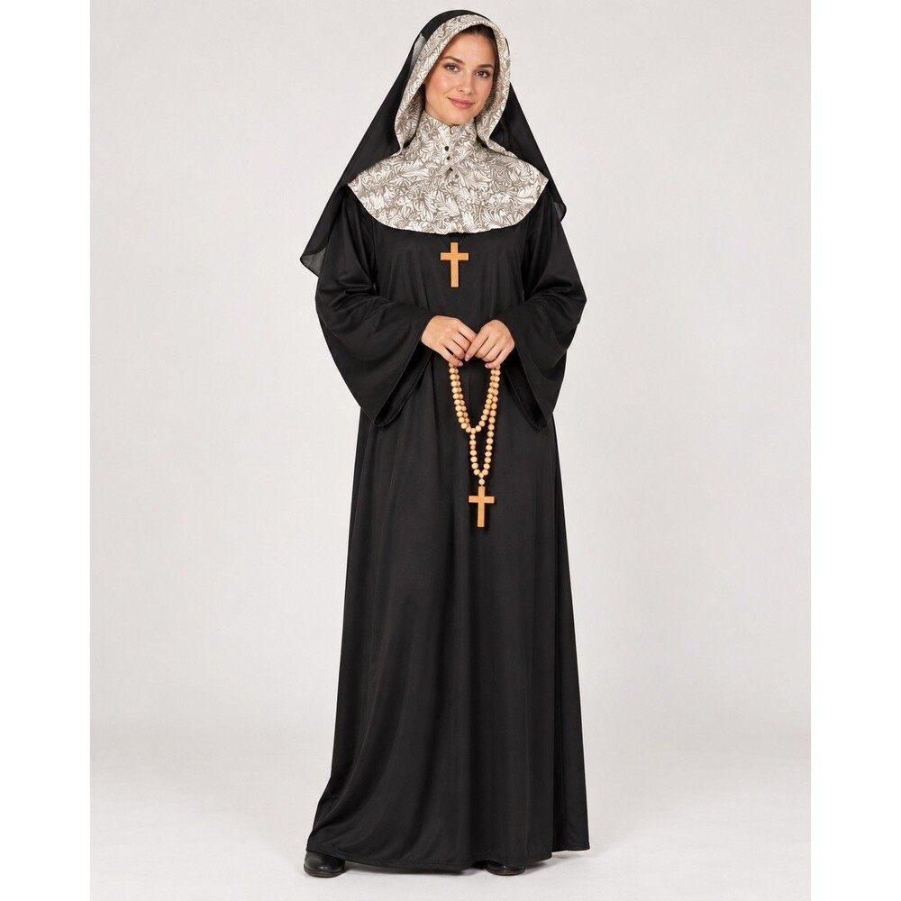 Gothic Nun Halloween Costume Adult Women L Black Robe Wimple Cross Necklace